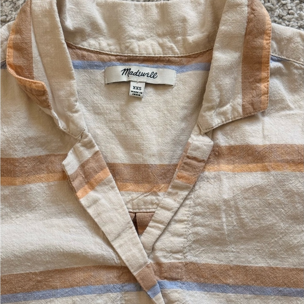 Madewell Striped Button Front Shirt | Short Sleeve | Neutral Stripe Top - Picture 4 of 4